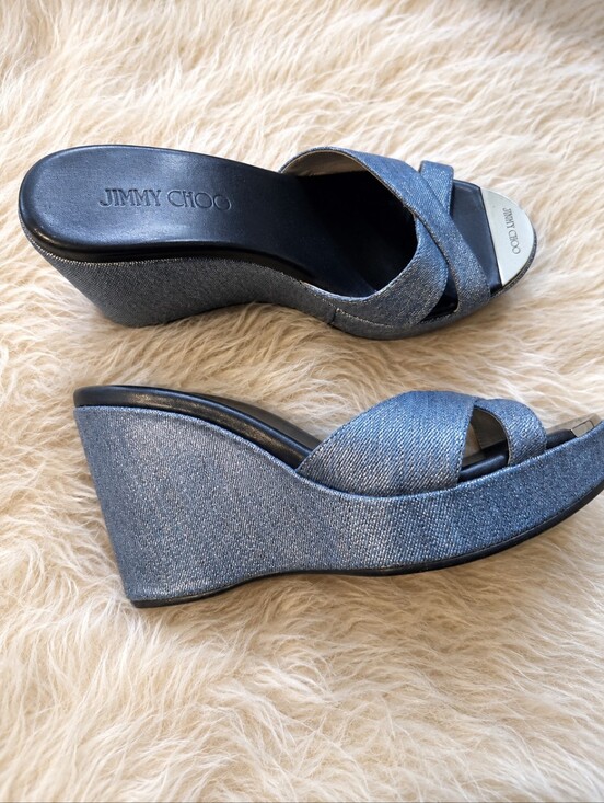Jimmy Choo Shoes - Jimmy Choo Metallic Denim Blue Crisscross Slide Mules 38